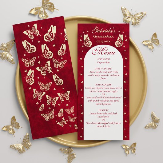 Menu Gold Red Quinceanera Butterfly 15e anniversaire fê