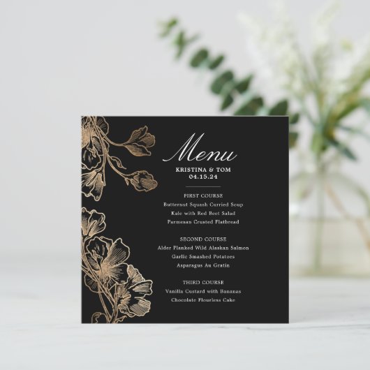 Menu Golden Flower Vines Wedding Kaart (Staand voorkant)