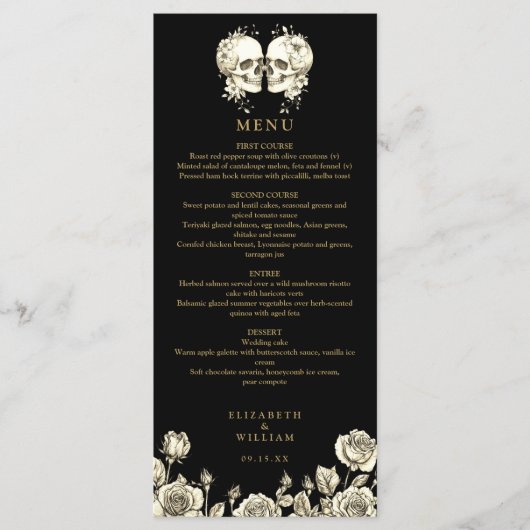 Menu Goth Skulls Floral Black And Gold Gothic Wedding (Devant)