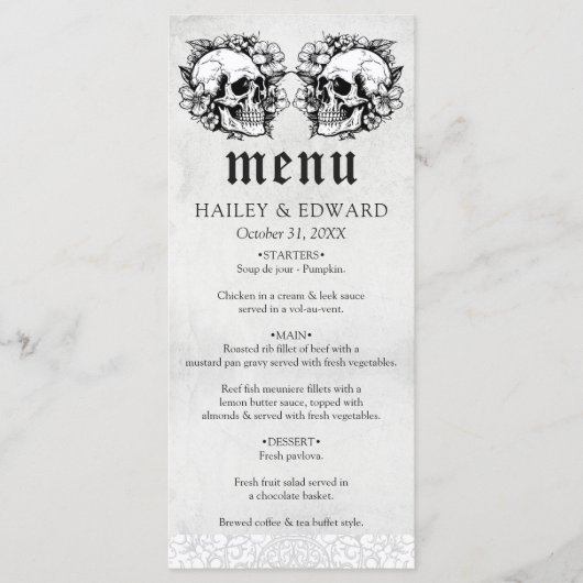Menu Gothique Floral Crâne noir et blanc Mariage (Devant)