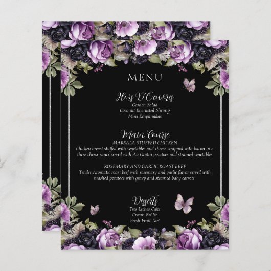 Menu Gothique Violet & Noir Moody Quinceañera (Devant / Derrière)