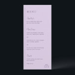 Menu Grace Lilac Mariage moderne<br><div class="desc">Menu mariage moderne avec un design géométrique simple et minimal avec une ligne verticale le long du côté gauche avec votre menu dans l'alignement gauche. Les en-têtes sont en écriture manuscrite pour une touche élégante. Dans le coin inférieur droit se trouve votre deux monogramme initial sur une petite ligne horizontale....</div>