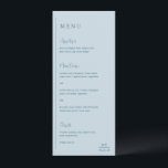 Menu Grace Muet bleu Mariage moderne<br><div class="desc">Menu mariage moderne avec un design géométrique simple et minimal avec une ligne verticale le long du côté gauche avec votre menu dans l'alignement gauche. Les en-têtes sont en écriture manuscrite pour une touche élégante. Dans le coin inférieur droit se trouve votre deux monogramme initial sur une petite ligne horizontale....</div>