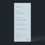 Menu Grace Muet bleu Mariage moderne<br><div class="desc">Menu mariage moderne avec un design géométrique simple et minimal avec une ligne verticale le long du côté gauche avec votre menu dans l'alignement gauche. Les en-têtes sont en écriture manuscrite pour une touche élégante. Dans le coin inférieur droit se trouve votre deux monogramme initial sur une petite ligne horizontale....</div>
