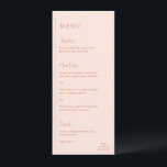 Menu Grace Peach Mariage moderne<br><div class="desc">Menu mariage moderne avec un design géométrique simple et minimal avec une ligne verticale le long du côté gauche avec votre menu dans l'alignement gauche. Les en-têtes sont en écriture manuscrite pour une touche élégante. Dans le coin inférieur droit se trouve votre deux monogramme initial sur une petite ligne horizontale....</div>