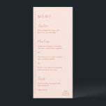 Menu Grace Peach Mariage moderne<br><div class="desc">Menu mariage moderne avec un design géométrique simple et minimal avec une ligne verticale le long du côté gauche avec votre menu dans l'alignement gauche. Les en-têtes sont en écriture manuscrite pour une touche élégante. Dans le coin inférieur droit se trouve votre deux monogramme initial sur une petite ligne horizontale....</div>