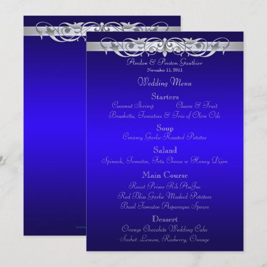 Menu Grand Duchess Blue Scroll Wedding (Voorkant / Achterkant)