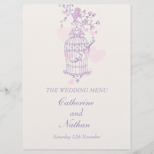 Menu grand mariage rose violet en cage pour oiseau (Devant)