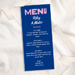 Menu Gras moderne Type Funky coloré bleu rose Mariage<br><div class="desc">*TOUTES les couleurs de ce design sont personnalisables ! Cette carte de menu mariage moderne et amusante est dotée d'un arrière - plan bleu cobalt,  d'un menu rose et d'une typographie rétro. Ce design fait une déclaration amusante et colorée pour un mariage moderne !</div>