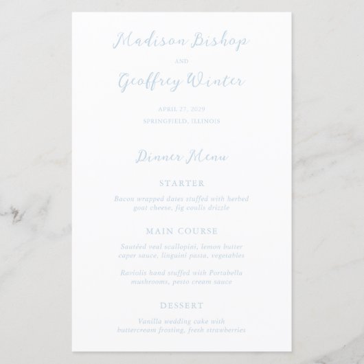Menu Gras Script Poudre Bleu élégant Mariage (Devant)