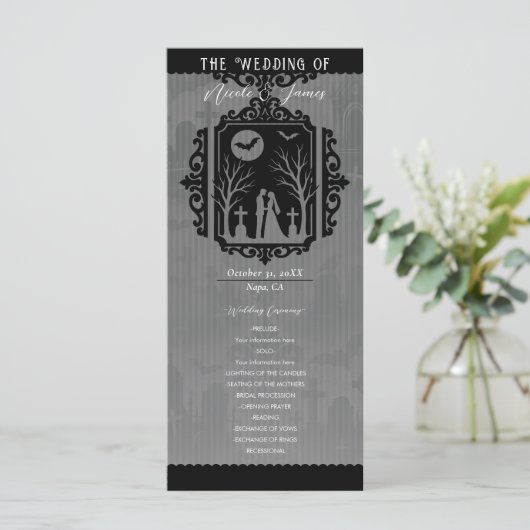 Menu Graveyard Vows Black & Grey Gothic Wedding Program (Debout devant)