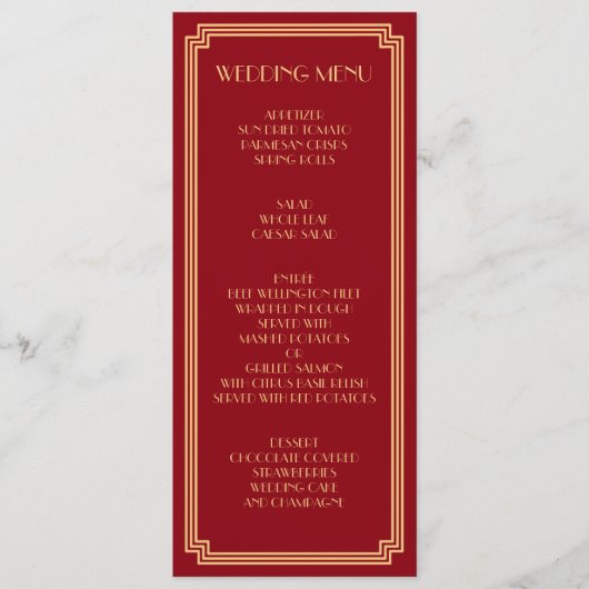Menu Great Gatsby Art Deco Gold Red Mariage (Devant)