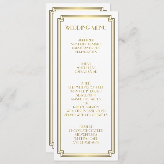 Menu Great Gatsby Art Deco Gold White Mariage (Devant / Derrière)