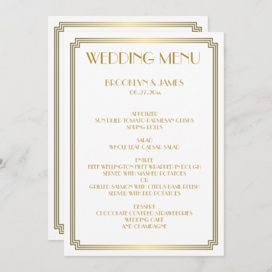Menu Great Gatsby Art Deco Gold White Mariage (Devant / Derrière)