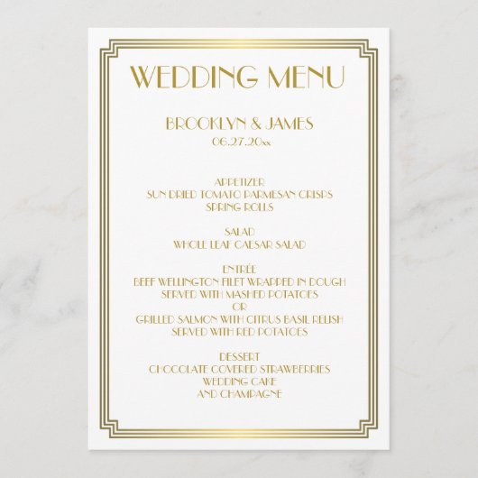 Menu Great Gatsby Art Deco Gold White Mariage (Devant)