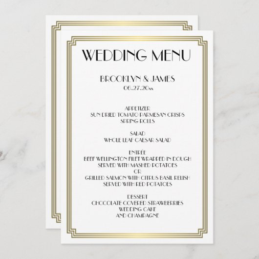 Menu Great Gatsby Art Déco White Gold Mariage (Devant / Derrière)