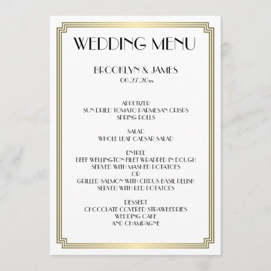 Menu Great Gatsby Art Déco White Gold Mariage (Devant)