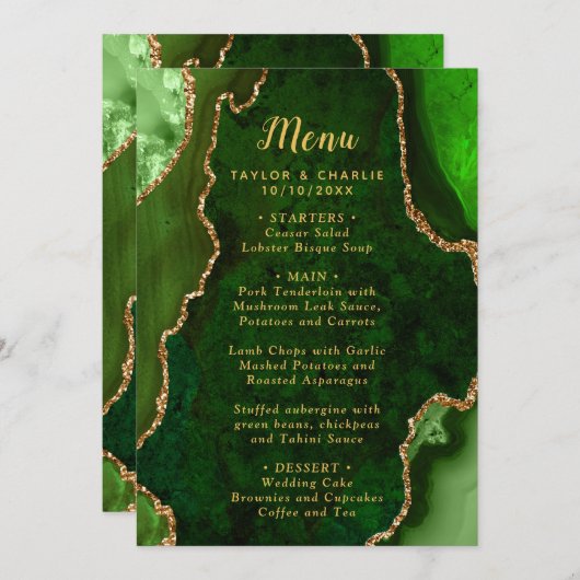 Menu Green and Gold Agate Marble Wedding (Devant / Derrière)