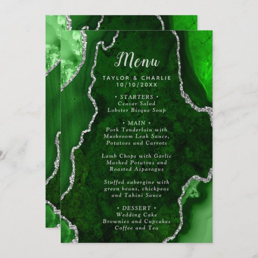 Menu Green and Silver Agate Marble Wedding (Devant / Derrière)