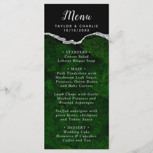 Menu Green and Silver Agate Marble Wedding (Devant)