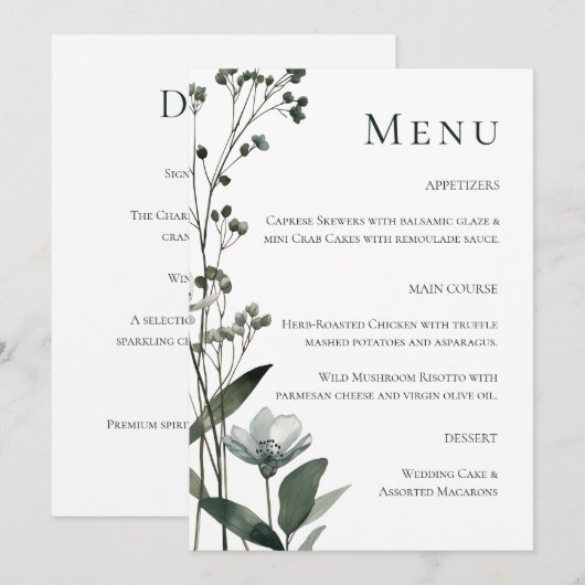 Menu Green Floral Botanical Wedding (Devant / Derrière)