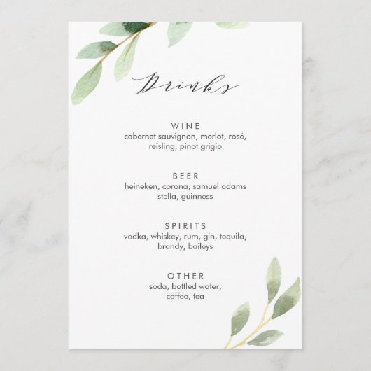 Menu Green Foliage Botanical Mariage Bar Boissons (Devant)