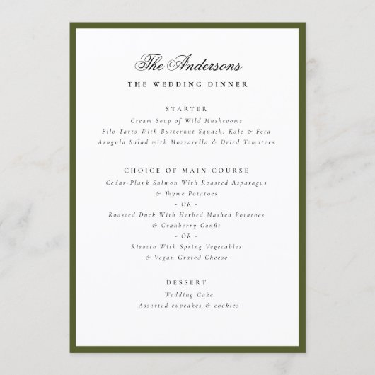 Menu Green Frame Calligraphy Name Custom Wedding Dinner (Devant)