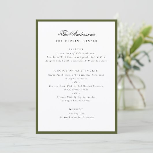 Menu Green Frame Calligraphy Name Custom Wedding Dinner (Debout devant)
