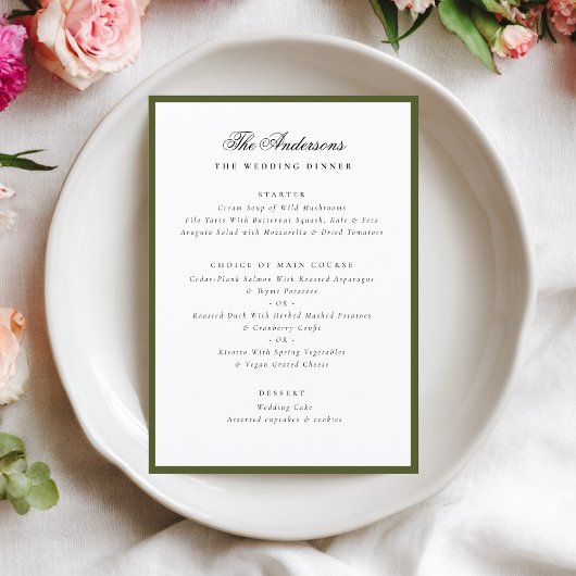 Menu Green Frame Calligraphy Name Custom Wedding Dinner