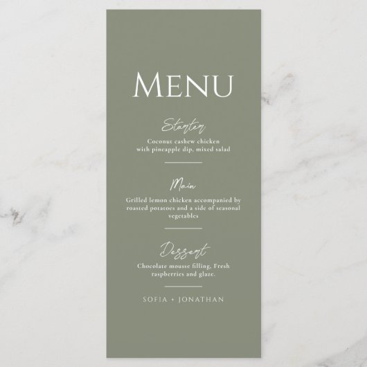 Menu Green Sage Minimaliste Mariage élégant (Devant)