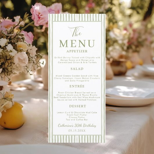 Menu Green Striped Wedding Bridal Shower Birthday Party