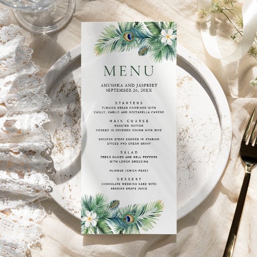 Menu Green Tropical Indian Peacock Plumes Mariage