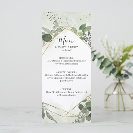 Menu Greenery boho gold geometric watercolour wedding (Debout devant)