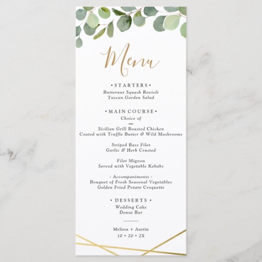Menu Greenery Eucalyptus w/Gold Geometric Frame Wedding (Devant)