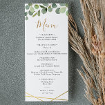 Menu Greenery Eucalyptus w/Gold Geometric Frame Wedding<br><div class="desc">Designed to coordinate with our Mixed Greenery wedding collection,  this customizable Menu features a gold geometric frame with watercolor greenery foliage with gold and gray text. To make advanced changes,  go to "Click to customize further" option under Personalize this template.</div>