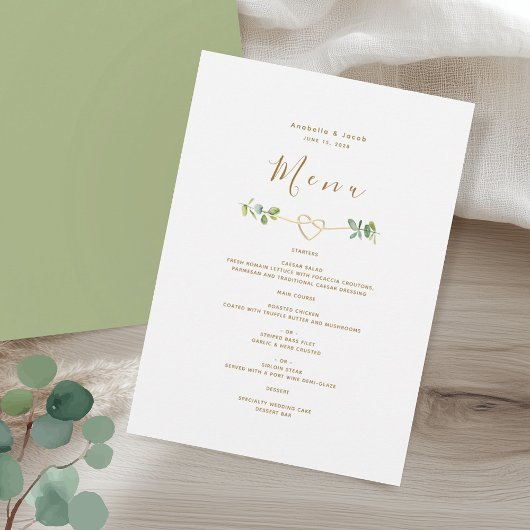 Menu Greenery Gold Heart Wedding