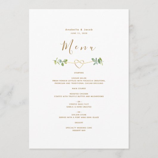 Menu Greenery Gold Heart Wedding (Devant)