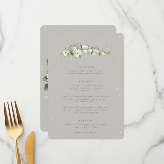 Menu Greige Snowberry+Eucalyptus 3 Parcours Mariage (Devant/Arrière en situation)