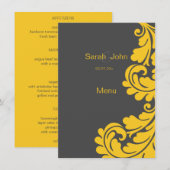 Menu gris et jaune de mariage damassé (Devant / Derrière)
