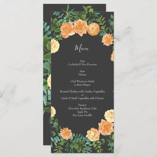 Menu Gris foncé Pêche Mariage Floral moderne (Devant / Derrière)