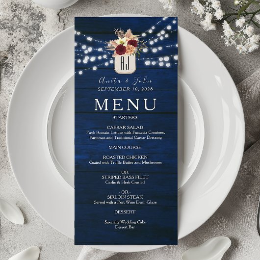 Menu Guirlande Lumineuse Rustique Bleu Marine Mariage
