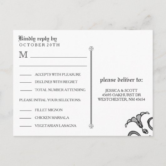 MENU Halloween noir blanc gothique Scroll RSVP (Dos)