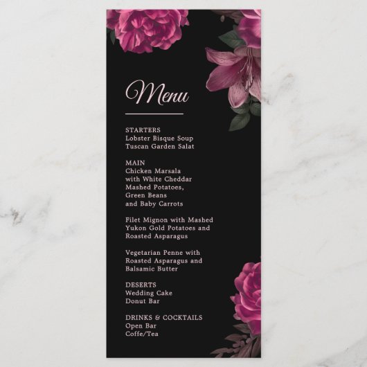 Menu Hand Drawn Roses Dark Romantic Wedding (Devant)