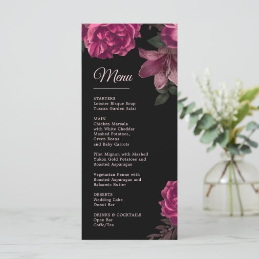 Menu Hand Drawn Roses Dark Romantic Wedding (Debout devant)