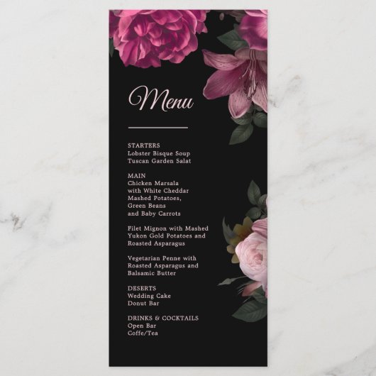 Menu Hand Drawn Roses Dark Romantic Wedding (Devant)