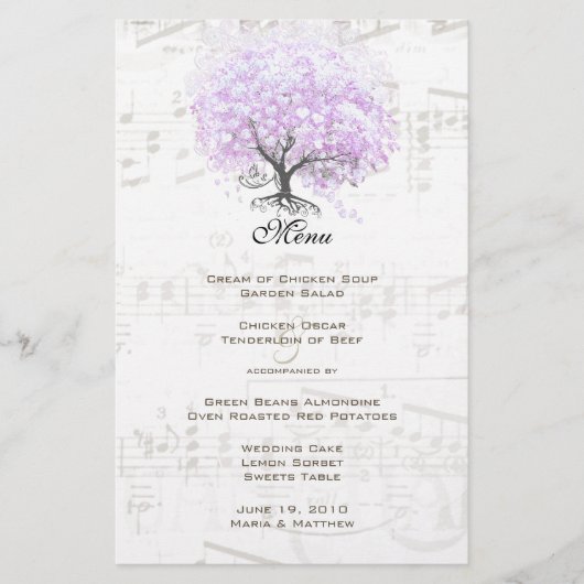 Menu Heart Leaf Lavender Tree Bird Wedding Menu (Voorkant)