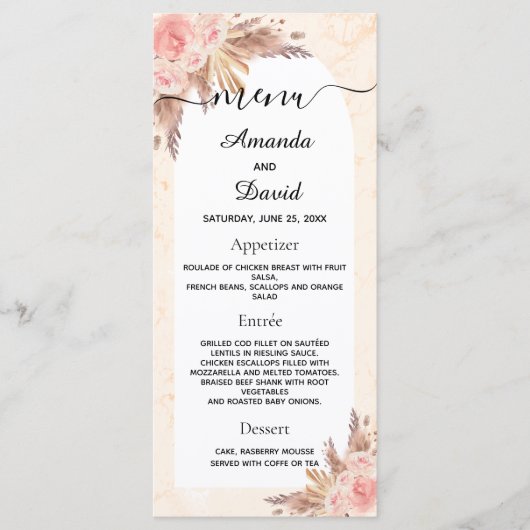 Menu Herbe de pampas de mariage rose gold floral marble (Devant)
