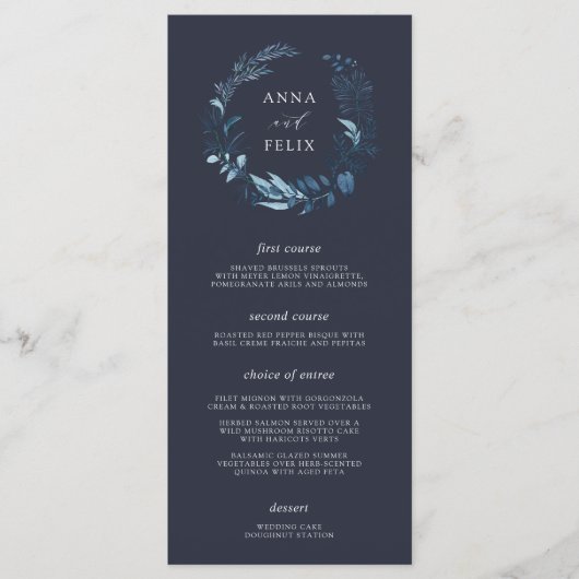 Menu Hiver Azure | Mariage botanique bleu (Devant)