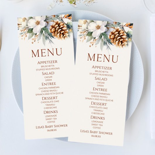 Menu Hiver Floral Pine Tree Baby shower Nourriture