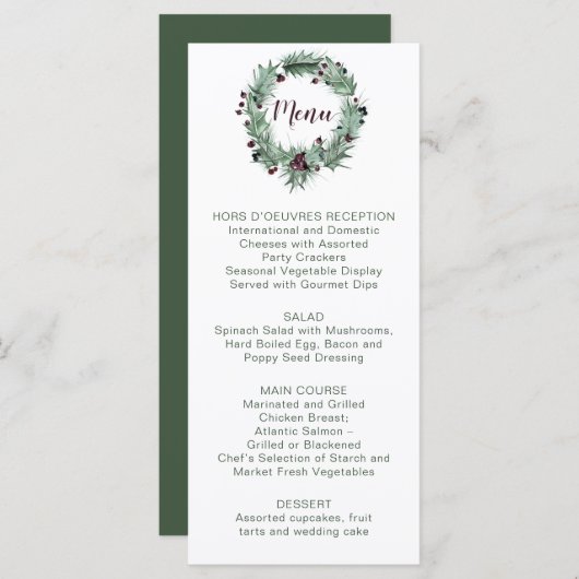 Menu Holly Feuilles, Pine, Berries Mariage d'hiver (Devant / Derrière)